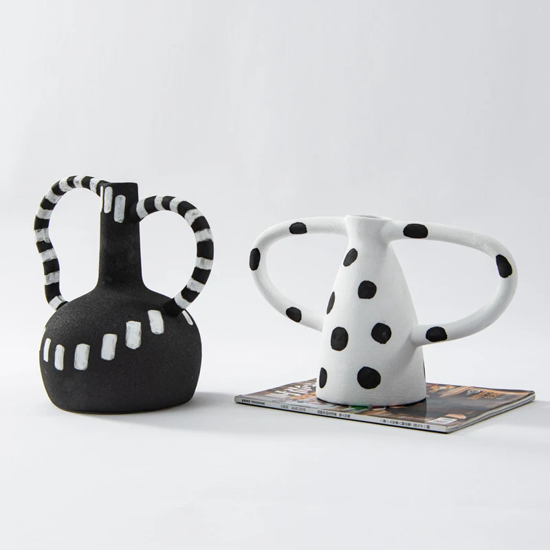 Modern Minimalist Black and White Speckled Creative Pot Shaped Ceramic Vase Decorative Ornaments