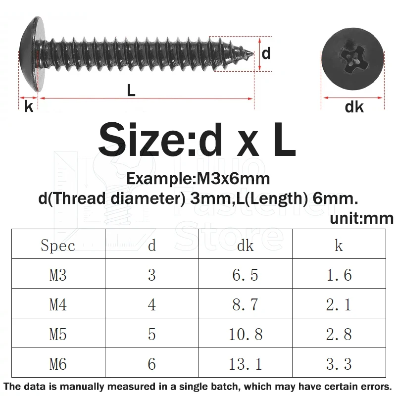 5~100pcs M3 M4 M5 M6 Black 304 Stainless Steel Cross Recessed Large Flat Head Self-Tapping Screws Phillips Truss Head Screw