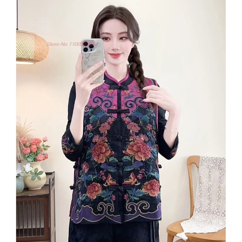 

2025 traditional flower embroidery satin jacquard folk vest chinese ethnic stand collar vest hanfu tops retro sleeveless jacket