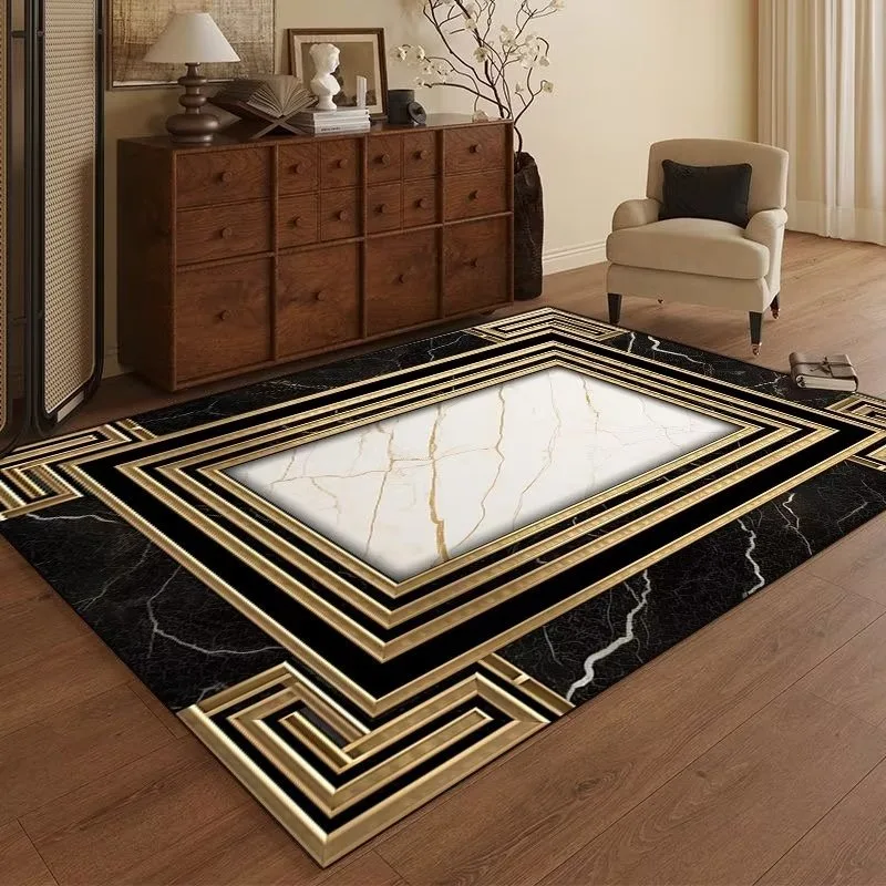 Modern Luxury Carpet Living Room Decor Non-slip Coffee Tables Geometric Foot Mat Large Black Gold Area Decoration Bedroom Rug