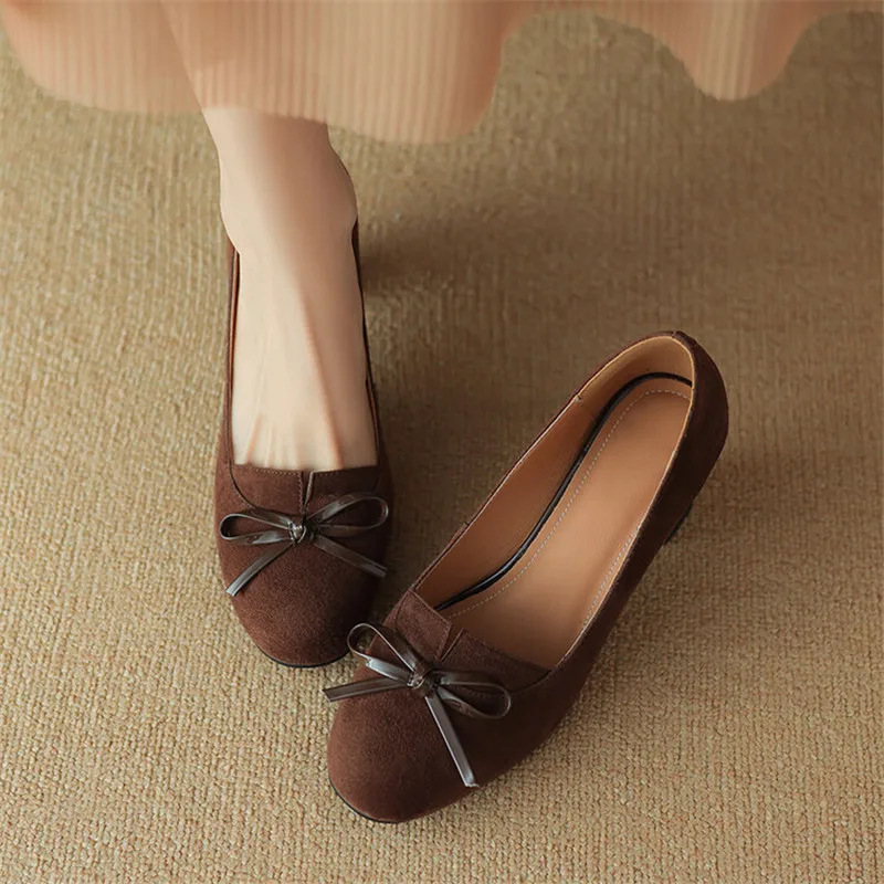 2024 New Spring Summer Sheep Suede Women Shoes Round Toe Women Pumps Shallow Loafers Shoes for Women Bow High Heels Ladies Shoes