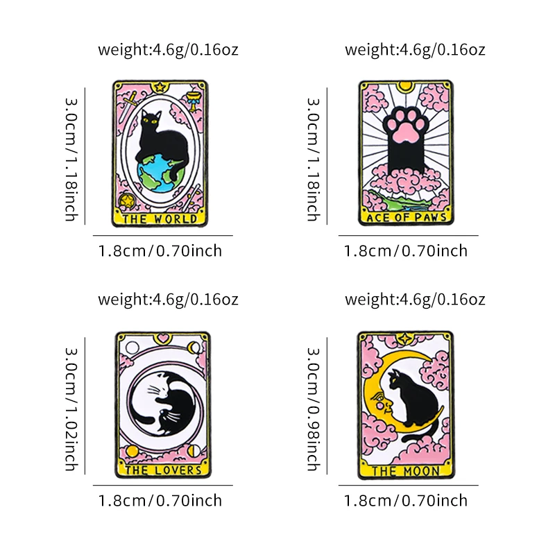 4Pcs Creative Tarot Card Cat Collection Enamel Pins Set The Moon The Lovers The World  Ace Of Paw Kitten Pattern Pet Brooches