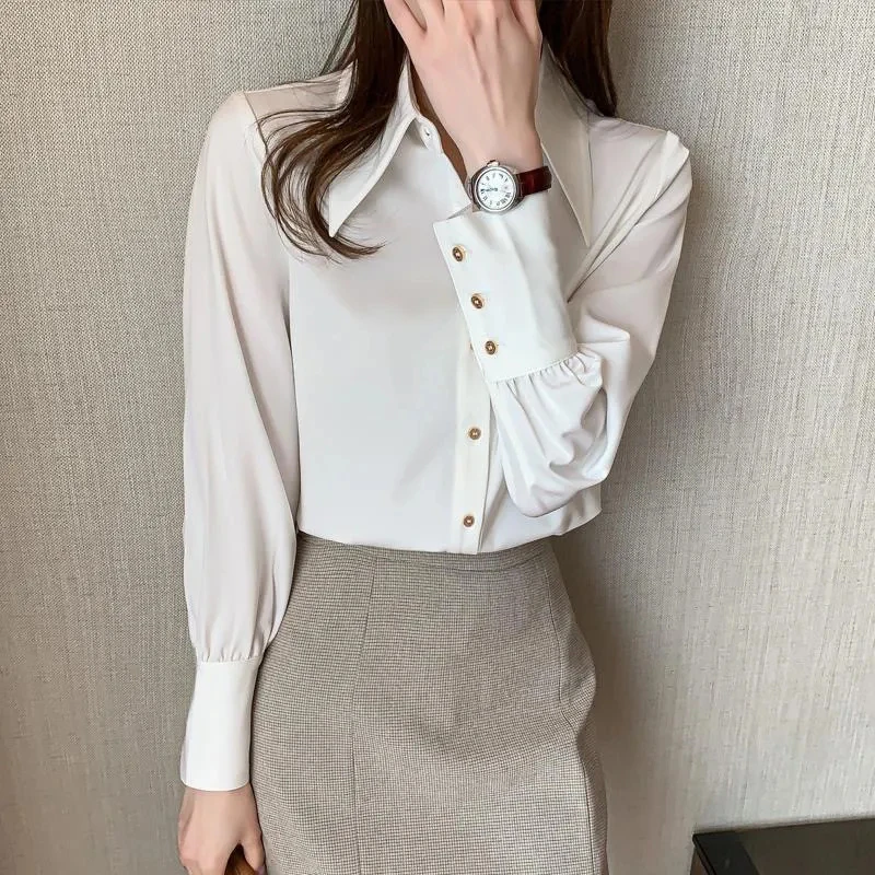 Women Chiffon Shirt Korean Elegant New White Turn Down Collar Female Blouse Summer Fashion Button Office Long Sleeve Ladies Tops