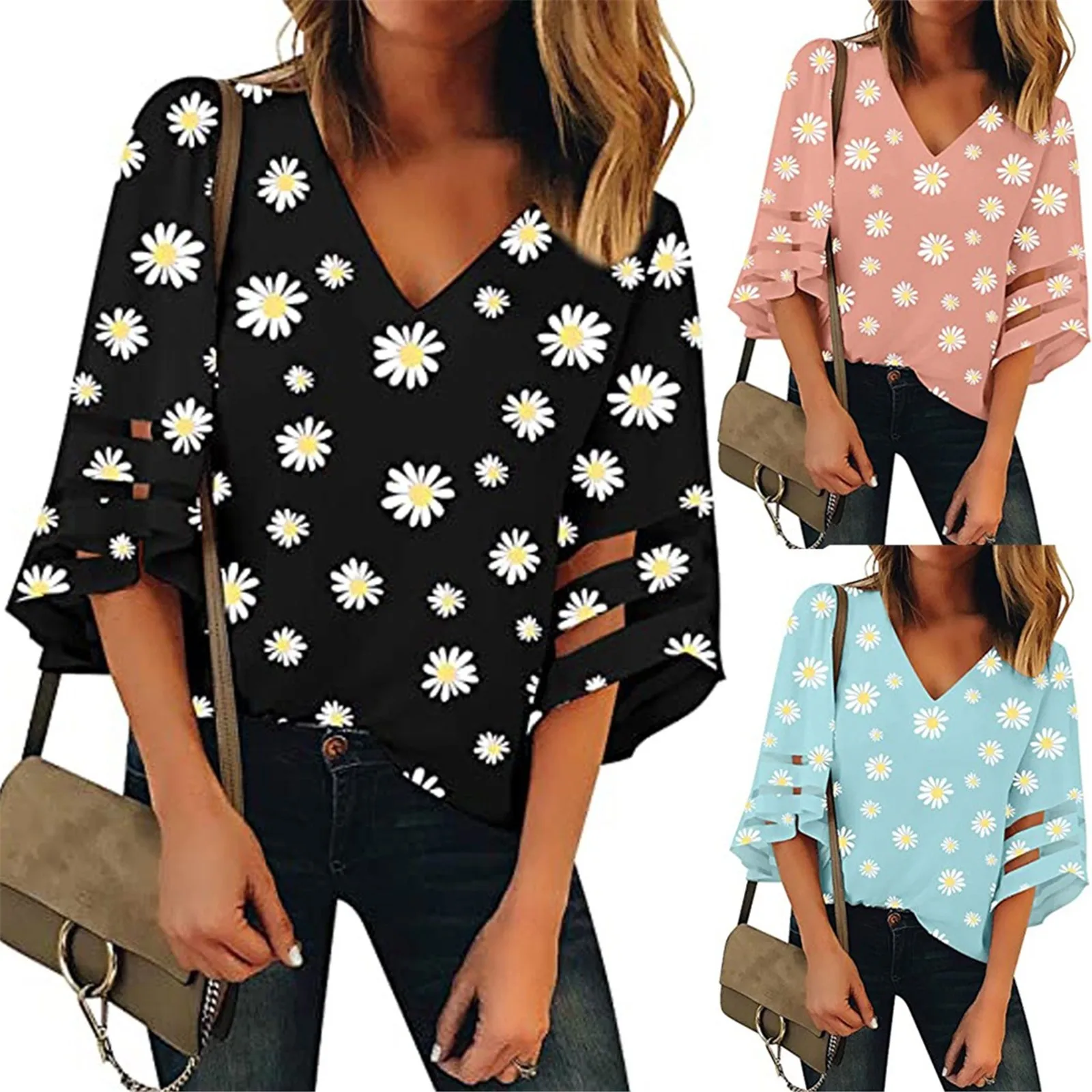 Daily Print Blouse Women Fashion V Neck Top Ladies Cutout Sleeve Shirt Casual Loose Tunic Female Daily Blouse Stylish Flared T1