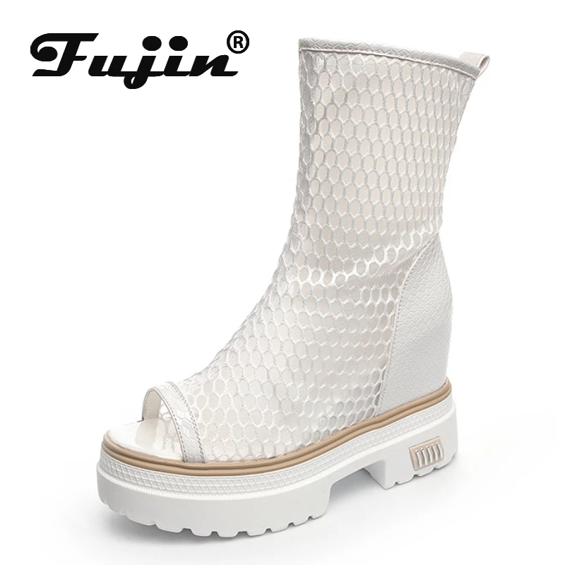 Fujin 10cm Genuine Leather Air Mesh Women Summer Shoes Platform Boots Wedge Hidden Heel Peep Toe Open Ankle Boots Knee High