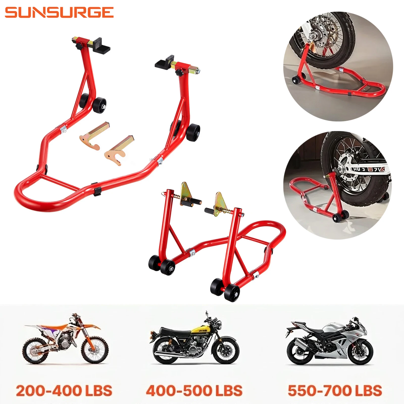 Set completo di supporti per sollevamento moto Sunsurge, capacità 450 kg, supporto per ruota anteriore e posteriore, supporto automatico per ruota, strumento per la riparazione dei pneumatici.