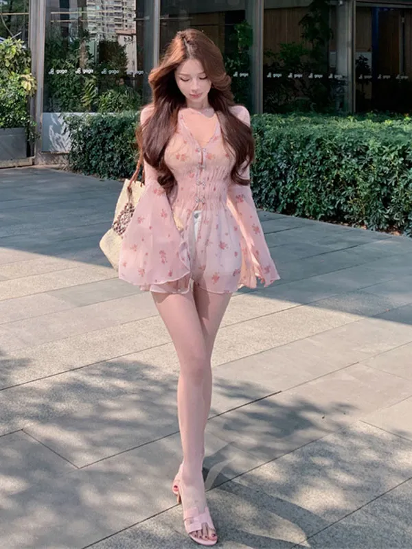 

Уникальная красивая шифоновая рубашка с цветочным принтом, подчеркивающая талию, приталенного кроя, в пляжном стиле, для женщин, деловая повседневная рубашка, весна...