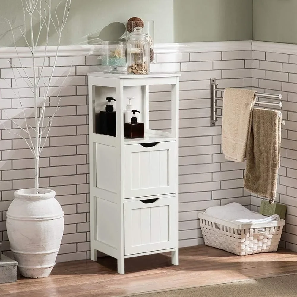 

Bathroom Floor Cabinet, Wooden Storage Cabinet with 2 Drawers, Multifunctional Side Organizer Rack Stand Table, White