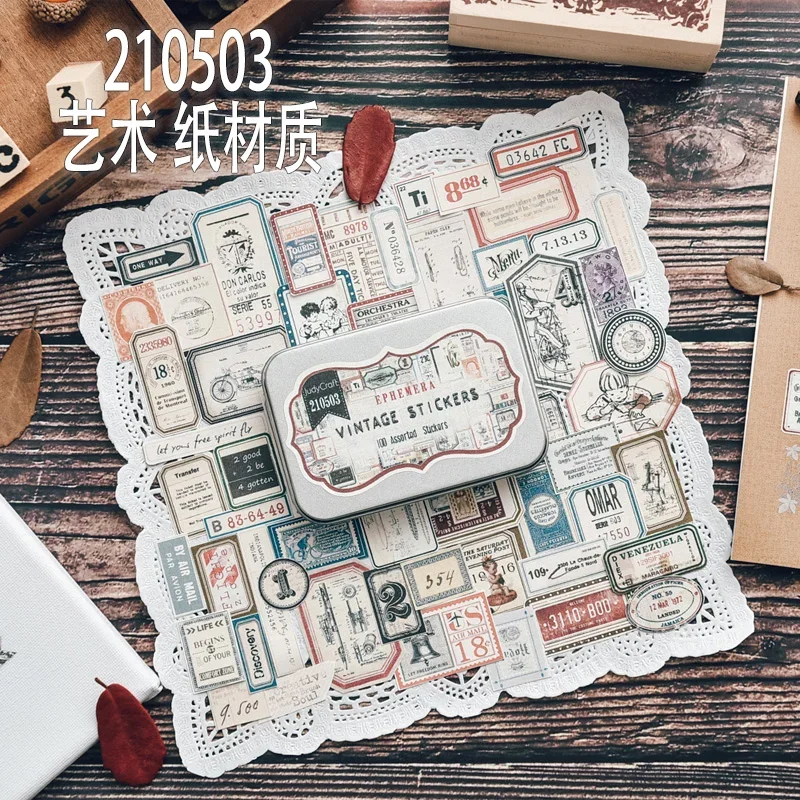 95 Pcs Iron Box Junk Journal Ephemera Vintage Stickers Retro DIY Album Label Aesthetic Sticker Scrapbooking Material Supplies