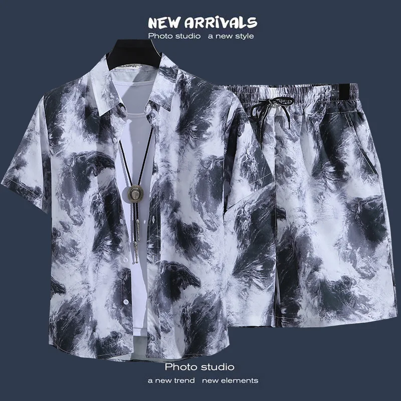 Summer New Printed Hawaiian Shirt Men's Thai Short Sleeved Shirt Vacation Beach Two Piece Set of Shirts and Shorts