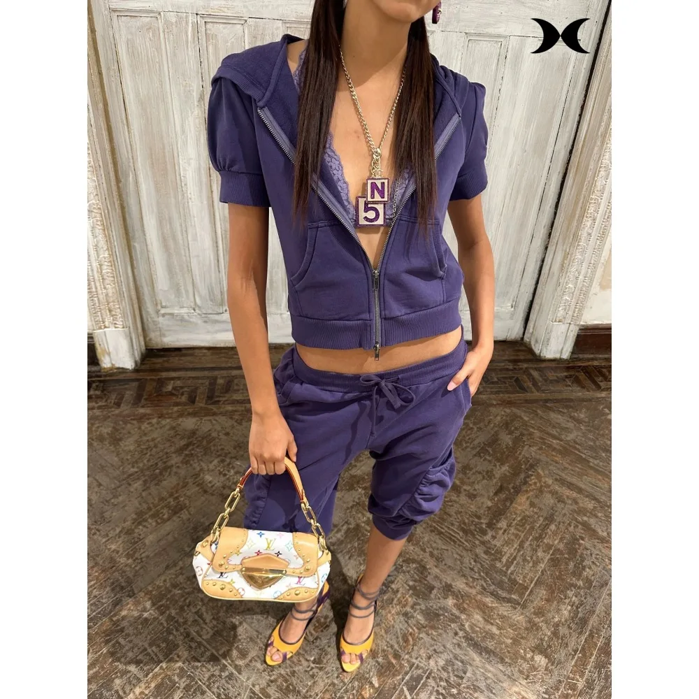 Y2K Solid Color Sweatsuit Ladies Puff Sleeve Zip Up Hooded Top Drawstring Ruched Cargo Jogger Pants Summer Athletic Two Piece Se