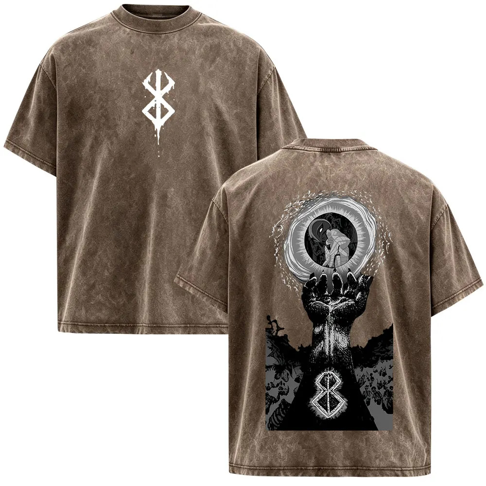 Anime Berserk Guts Griffith Vintage Washed T-Shirts Herren Damen Kleidung Baumwolle Lässiges Oversize Kurzarm-T-Shirt Streetwear – Detail 4
