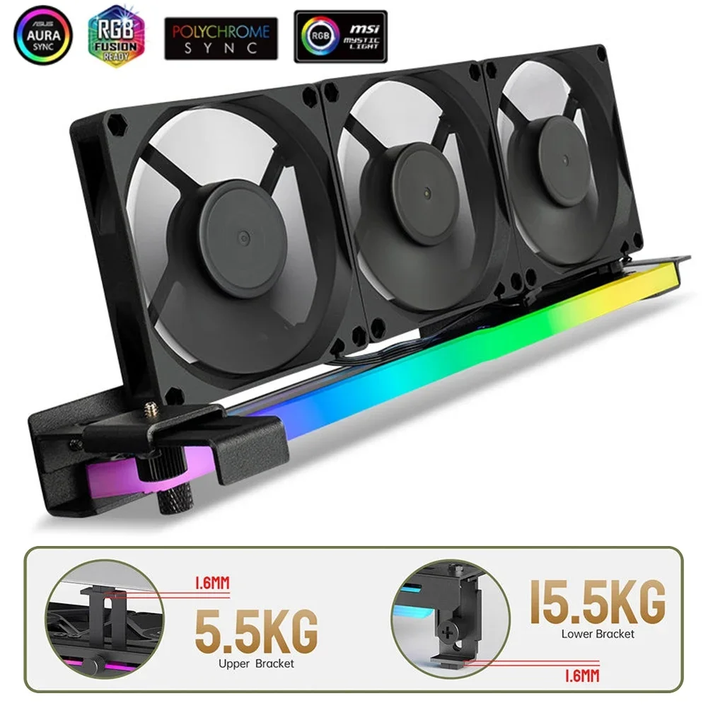 

Держатель 2 в 1 RGB GPU с вентиляторами 3x80 мм. Кронштейн горизонтальных видеокарт ARGB. Поддержка видеокарты. Вентилятор охлаждения радиатора 5V3Pin.