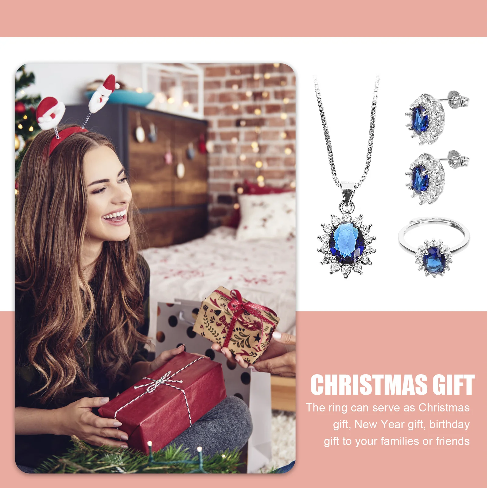 

1Set Sapphire Necklace Set Elegant Teardrop Jewelry for Wedding Prom Party Crystal Pendant Rhinestone Earrings Ring Fashion