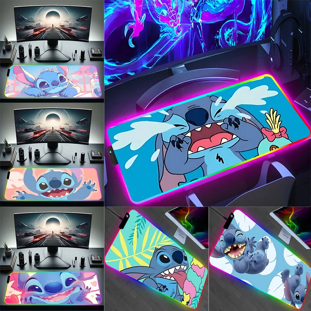 Hot Lovely Disneies Stitch RGB Pc Gamer Keyboard Mouse Pad Mousepad LED Glowing Mouse Mats Rubber Gaming Computer Mausepad