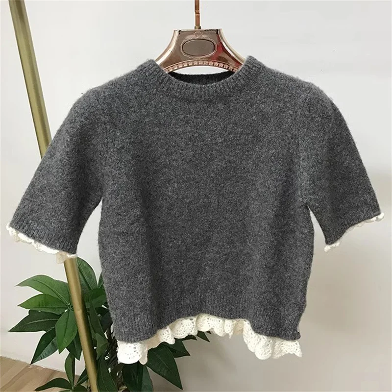 Women\'s sweater 2024 Autumn New in Fashionable Flower Embroidered Round Neck Pullover Wool blend short sleeved top y2k Knitwear