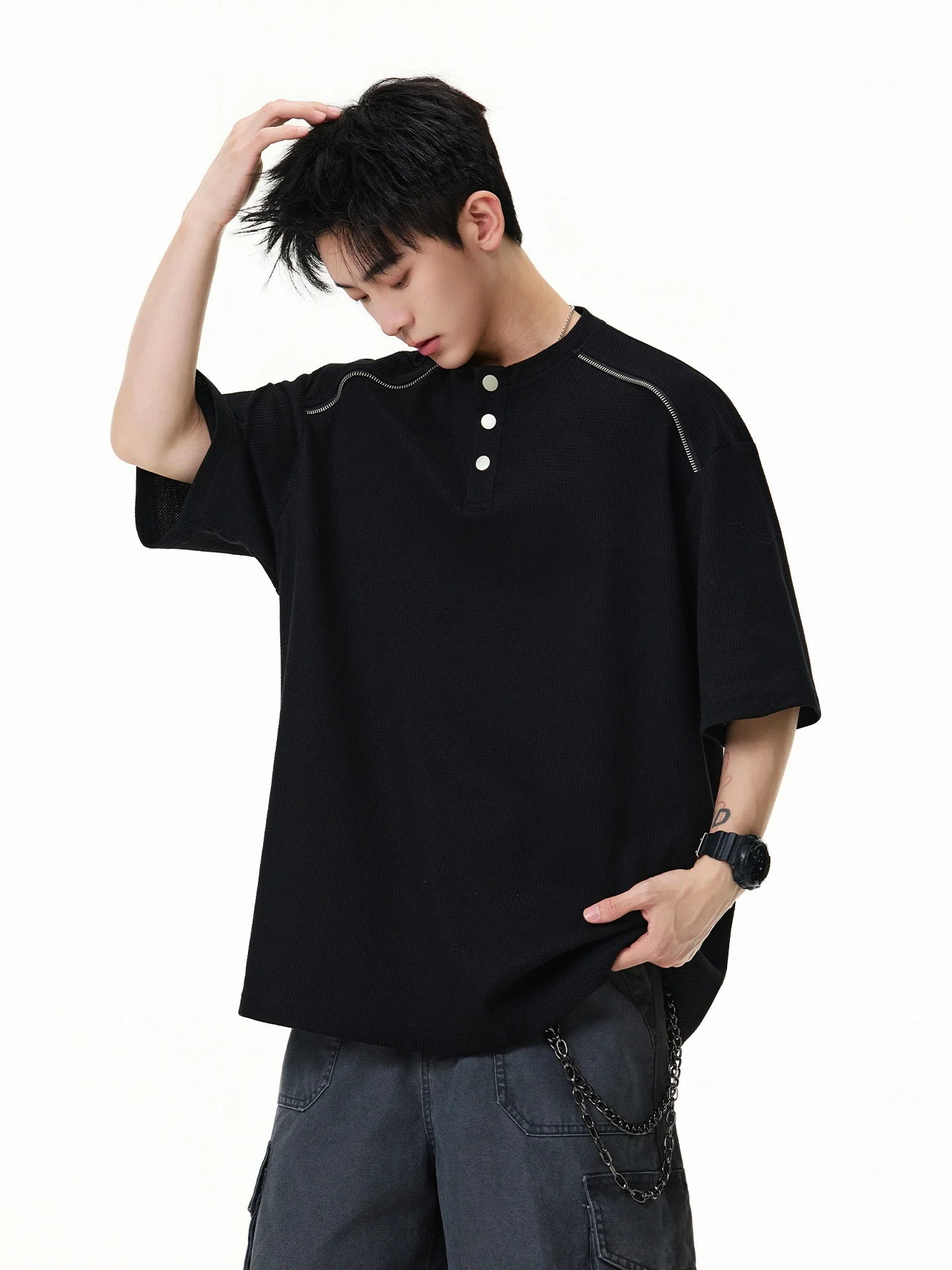 

American Sle Heavyweight Gingham Henry Collar ort Sve T-irt Men Summer High End Feeling Casual f Sve Top Trendy