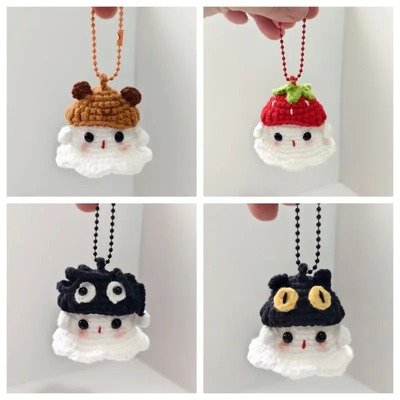 Funny Cross-dressing Ghost Doll Crochet Keychains Cute Knitting Small Ghost Keyrings For Bag Pendant Kawaii Knitted White Elf