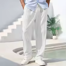 Men's Cotton Linen Straight Leg Pants (White, L)