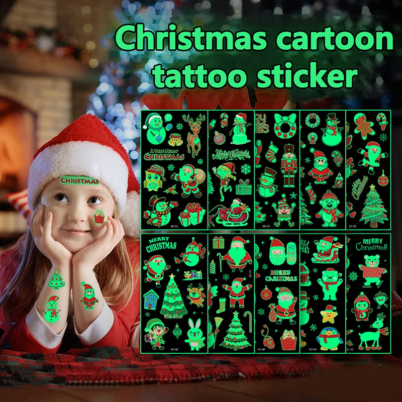 10 Sheets Cartoon Snowman Christmas Patterns Glow In The Dark Waterproof Temporary Tattoos Christmas Luminous Tattoo Stickers