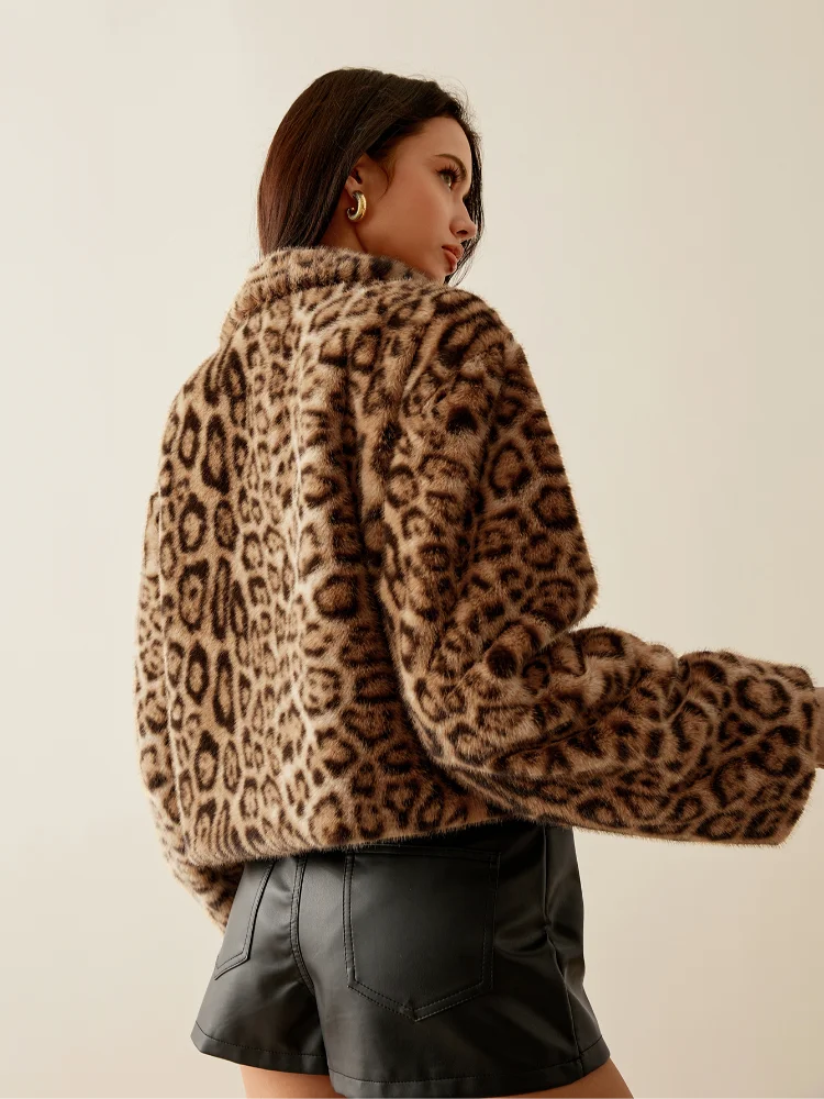 Chaqueta peluda de piel sintética para mujer, abrigo informal de manga larga con estampado de leopardo y cremallera, prendas de vestir exteriores