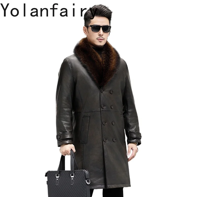

YOLANFAIRY Real Goatskin Leather Jackets Man Winter Luxury 2025 Whole Mink Liner Fur Coat Raccoon Fur Collar Mid-length Coats