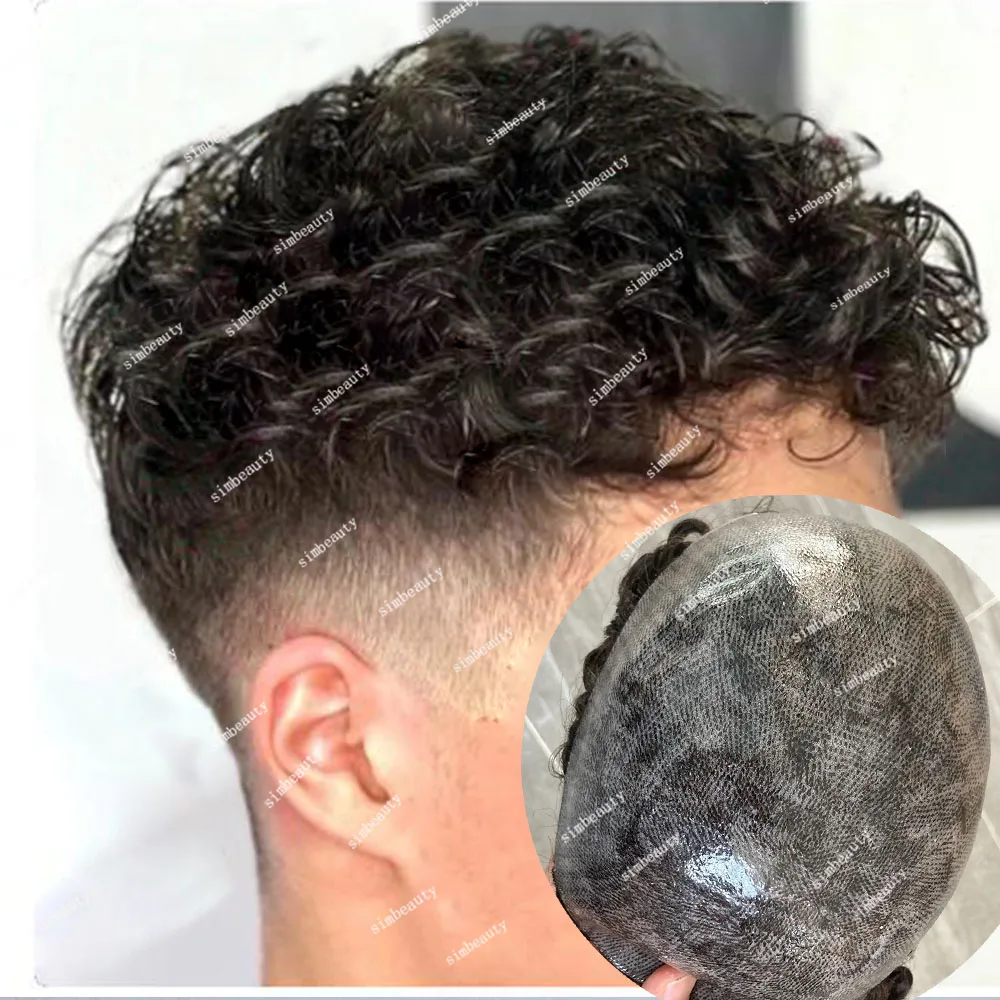 

24mm Curly Men Wig Super Durable Full Thin Skin PU Injection Microskin Toupee Capillary Prosthesis 100% Human Hair Cheap System