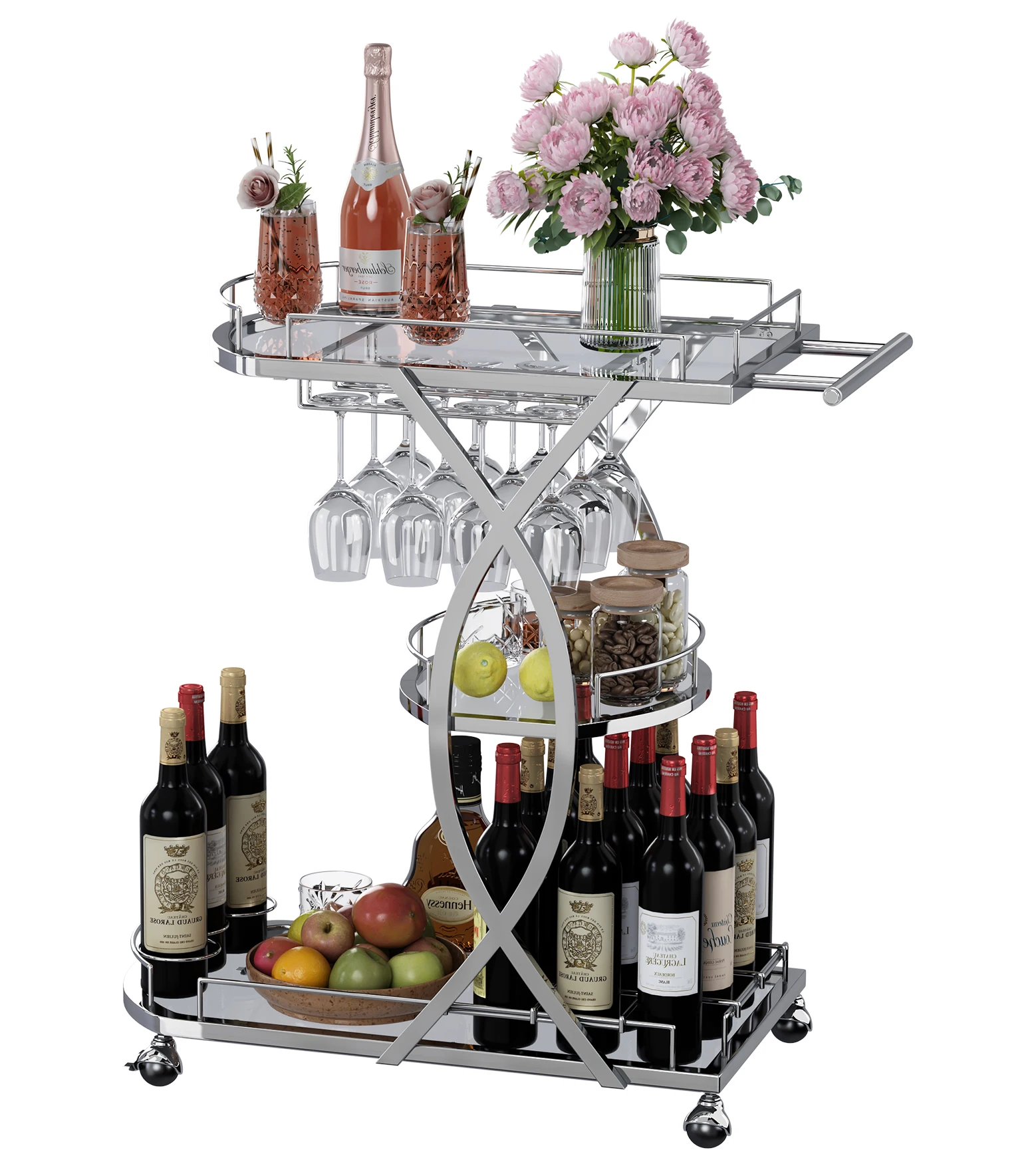 Silver Bar Truck With Wine Rack And Glass Holder, Serving Truck With Tempered Glass And Chrome-Finish Metal Frame