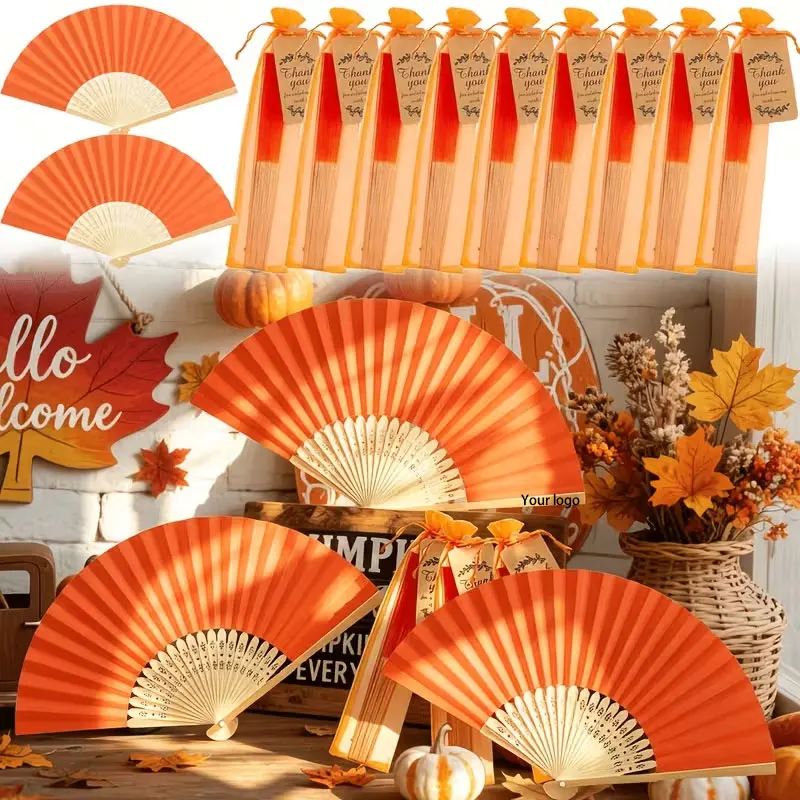 5 ensembles/10 ensembles/15 ensembles/20 ensembles d'éventails pliants en papier orange, éventails en papier personnalisés avec logo gravé au laser et nom, adaptés aux mariages, aux enterrements de vie de jeune fille – éventails en papier orange à tenir à la main avec cartes de remerciement et sacs cadeaux, peuvent être utilisés comme cadeaux de mariage, pour des événements religieux, comme cadeaux pour femmes, parfaits pour la fête des Mères, la remise de diplômes, la Saint-Valentin, Noël.