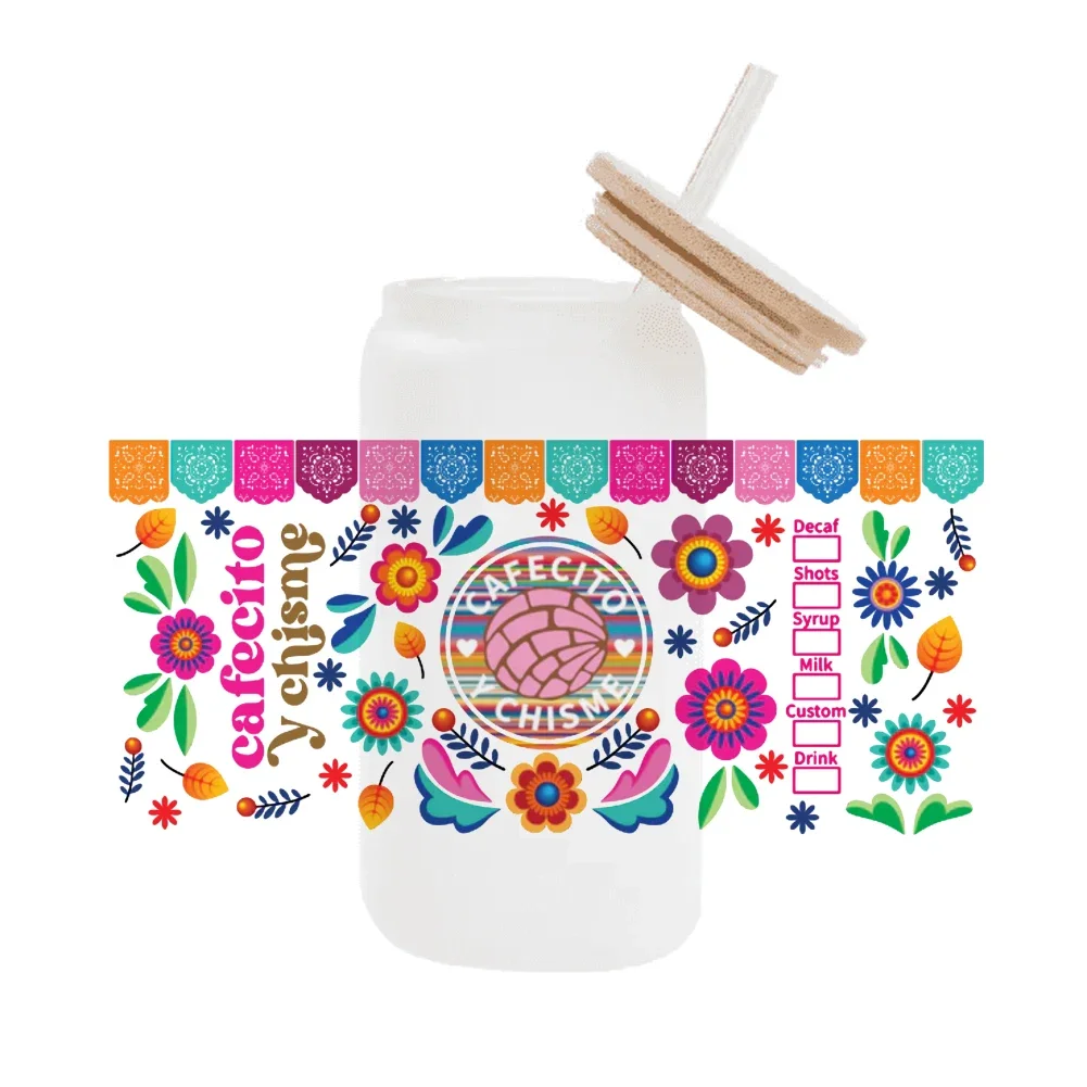 Mexico Food Cartoon 3D UV DTF Wraps Transfer Sticker DIY For 16oz Libbey Glass Cup Waterproof Wrap Transfers Decals Coffee Cup