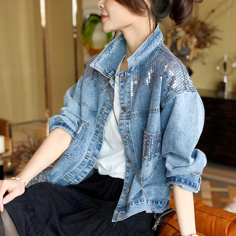 Blue Short Sequin Pocket Denim Jacket Women\'s Casual Denim Spring Autumn New Loose Fashion Jeans Jacket Women Long Sleeve Coat