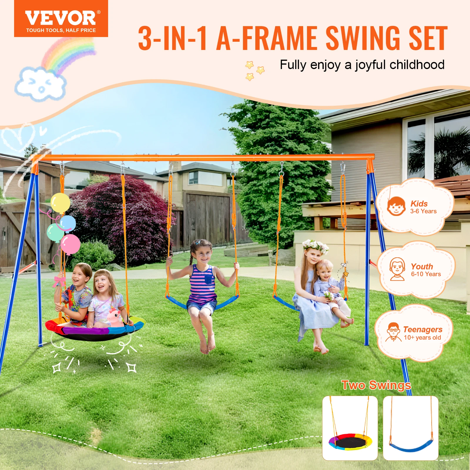 VEVOR Swing Sets for Backyard 600lbs Capacity Swing Set with 1 Saucer Swing Seat 2 Belt Swing Seats Swingset Outdoor for Kids