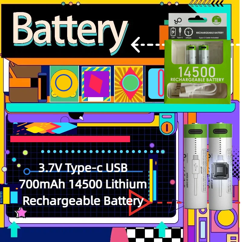 

3.7V Type-c USB 700mAh 14500 Lithium Rechargeable Battery AA for Electric Shaver,Flashlight,Power Tools + Type-C Charging Cable