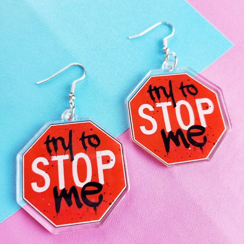 Novel Stop Me Acrylic Earrings Cute and Creative Kawaii Personalized Jewelry Unique and Interesting Women's Gift