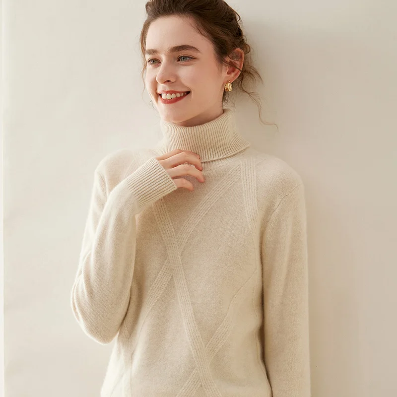 Autumn and Winter New Turtleneck Cashmere Sweater For Women 100 Pure Cashmere Lapel Mat Knitted Loose Thick Pullover Sweater Top