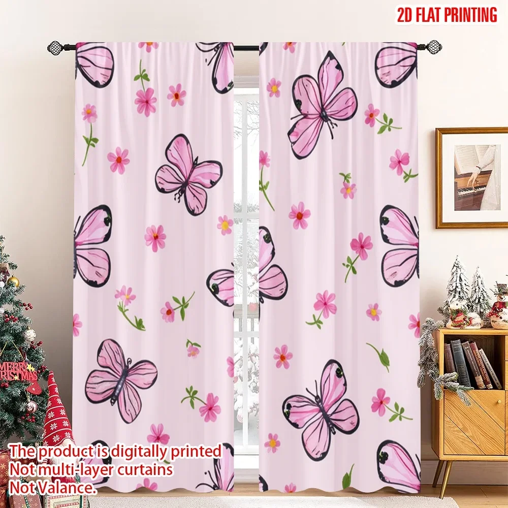 

2 шт. 2D плоские шторы с принтом, розовая бабочка, цветочные шторы с цифровой печатью, полиэстеровые шторы, украшение для семейной вечеринки для двери, стены