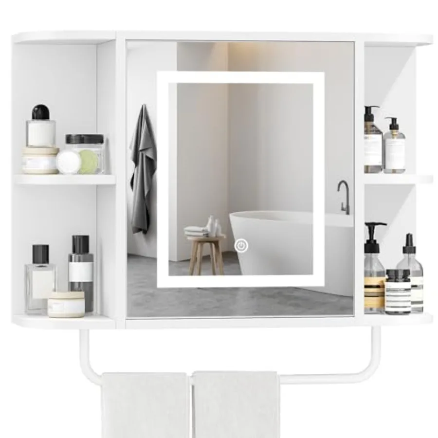 

Bathroom Wall Cabinet with Mirror, Mirrored Medicine Cabinet with 3 Colors LED Light and 4 Open Shelves, Wall Mounted Over Toil