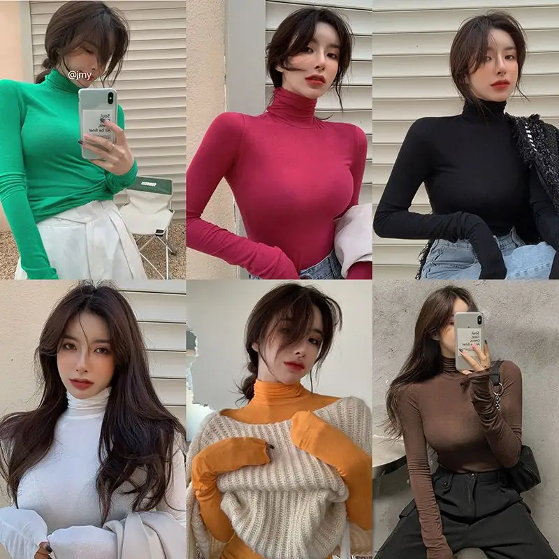 Wholesale Pile Collar Slim T Shirts Women Autumn Crop Top Turtleneck High Strecth Long Sleeve Basic Thin Skinny Solid T Shirt