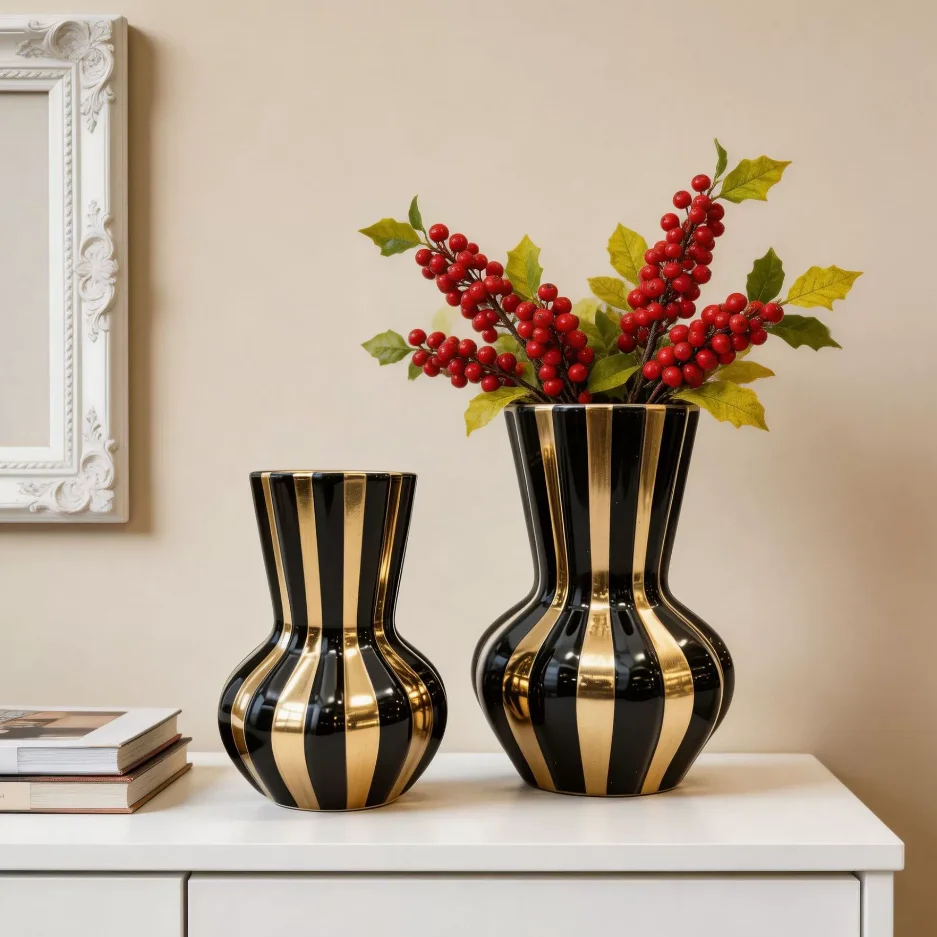 Ceramic Electroplated Vase Black Gold Artificial Flower Flower Vessel Minimalist Decorative Living Room Office Home Decorations