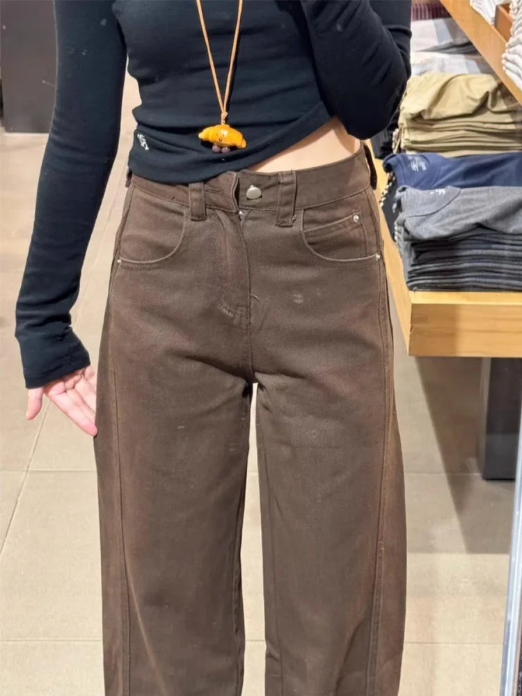 Damskie jeansy plus size z wysokim stanem, ocieplane, z prostymi nogawkami, jesienno-zimowe, codzienne spodnie z szerokimi nogawkami, styl vintage.