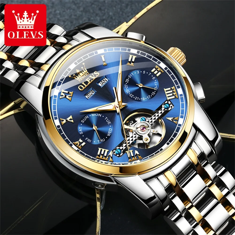 OLEVS 6607 Business Men Watches Automatic Mechanical Waterproof Stainless Steel Strap Watch for Man Skeleton Calendar Wristwatch