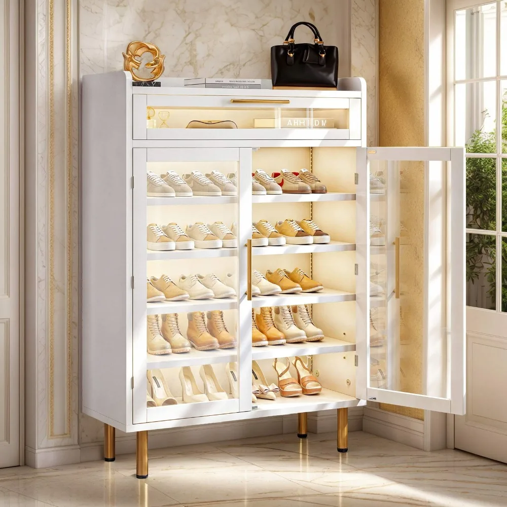 

Freestanding Shoe Storage Cabinet Acrylic with Drawer for Entryway, Living Room, White, 9.8 X 31.5 X 43.5 Inches