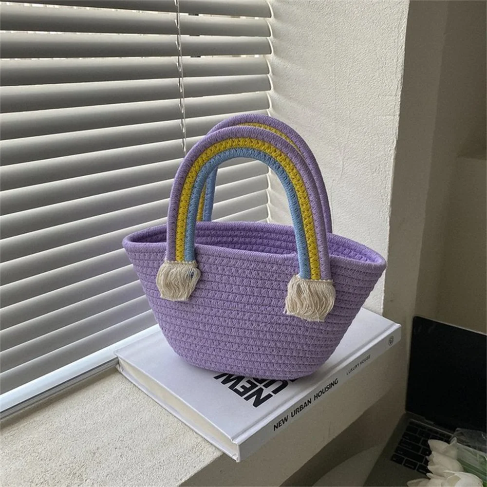 Versatile Handbag Multiple Colors To Choose From For European And American Retro Open Woven Bucket Bag Rainbow