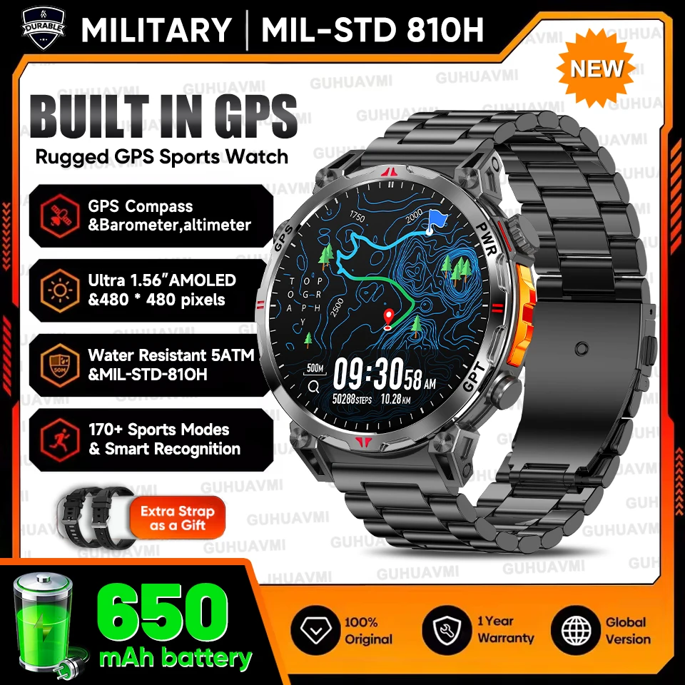 2025 New Military T-Rex3 GPS Smart Watch 5ATM Waterproof 650mAh Battery Heart Rate Compass AI GPT Sports tracker Smartwatch Men