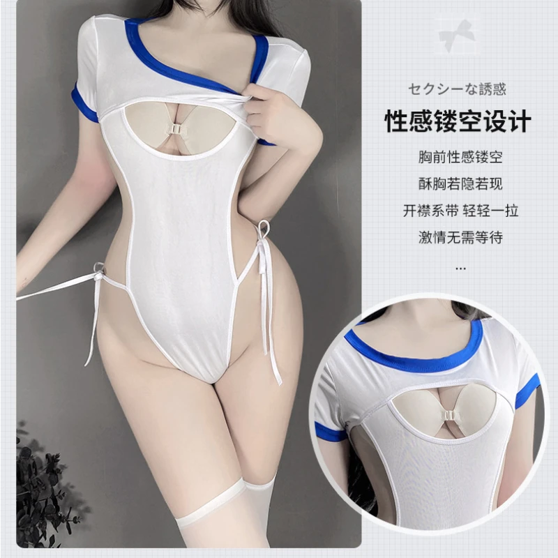 ชุดนักเรียนญี่ปุ่นชุดคอสเพลย์บอดี้สูทแบบเปิดเป้าพร้อมกางเกงขาสั้นชุดชั้นในโชว์หน้าอกชุดชั้นในอะนิเมะรัดรูปร้อนแรง