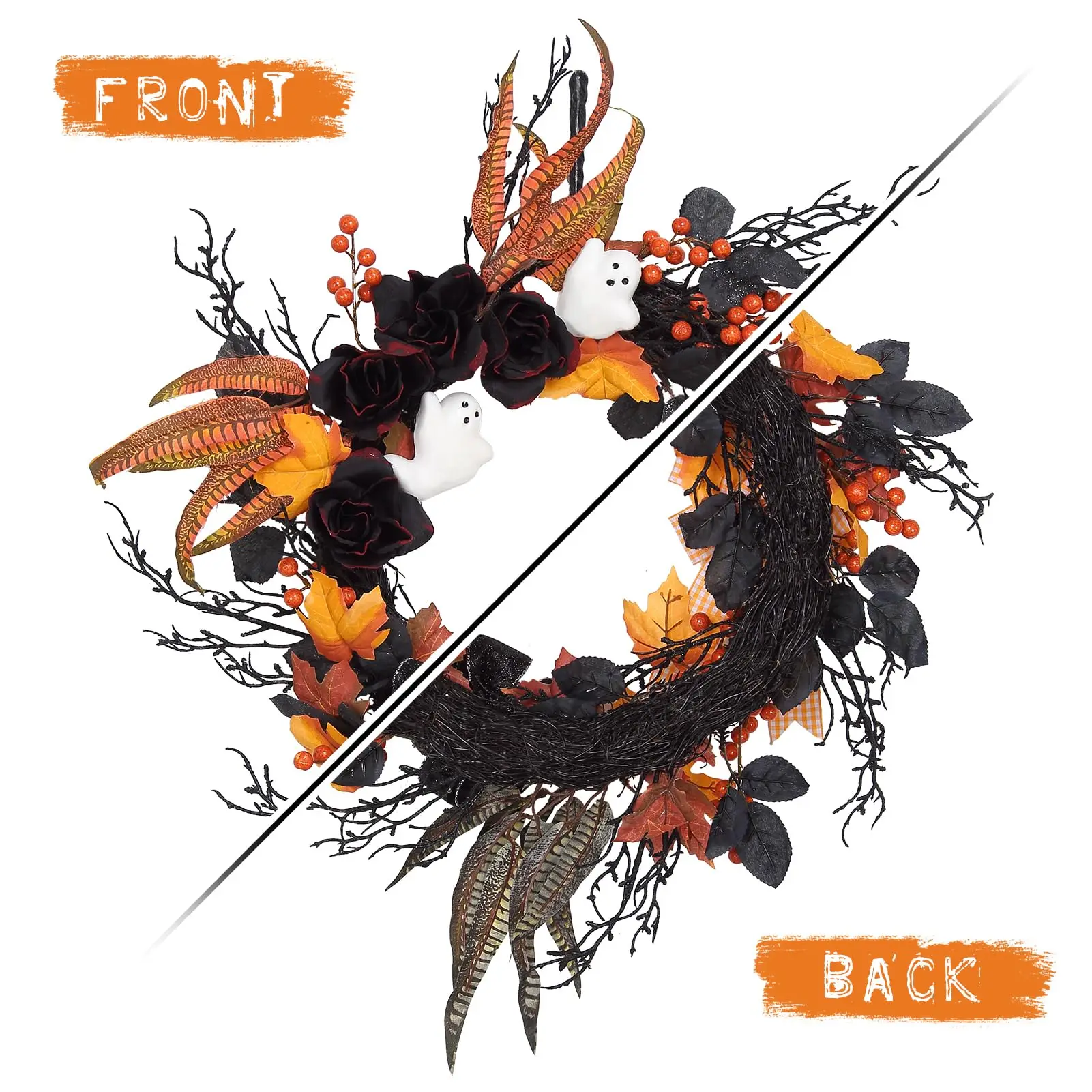 26 Inch Halloween Ghost Wreath For Front Door With Black Roses, Maple Leaves, Orange Bow, Spooky Indoor Outdoor Porch Wall Decor - view 4