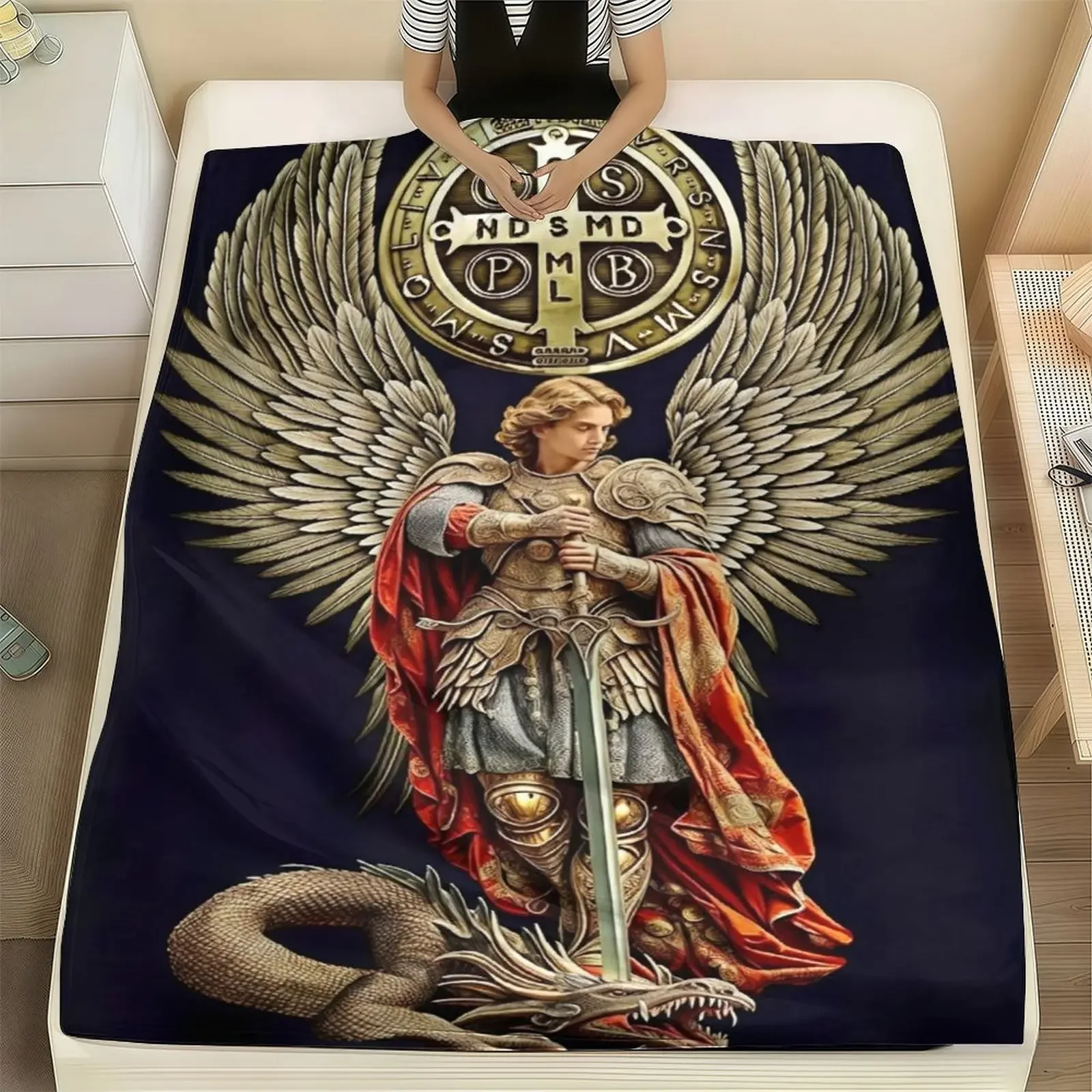 Saint Michael the Archangel Throw Blanket - St. Benedict Medal & Dragon Slayer Design, Soft Flannel for Catholic Devotional Home Decor Christian Faith Based Gift for Men