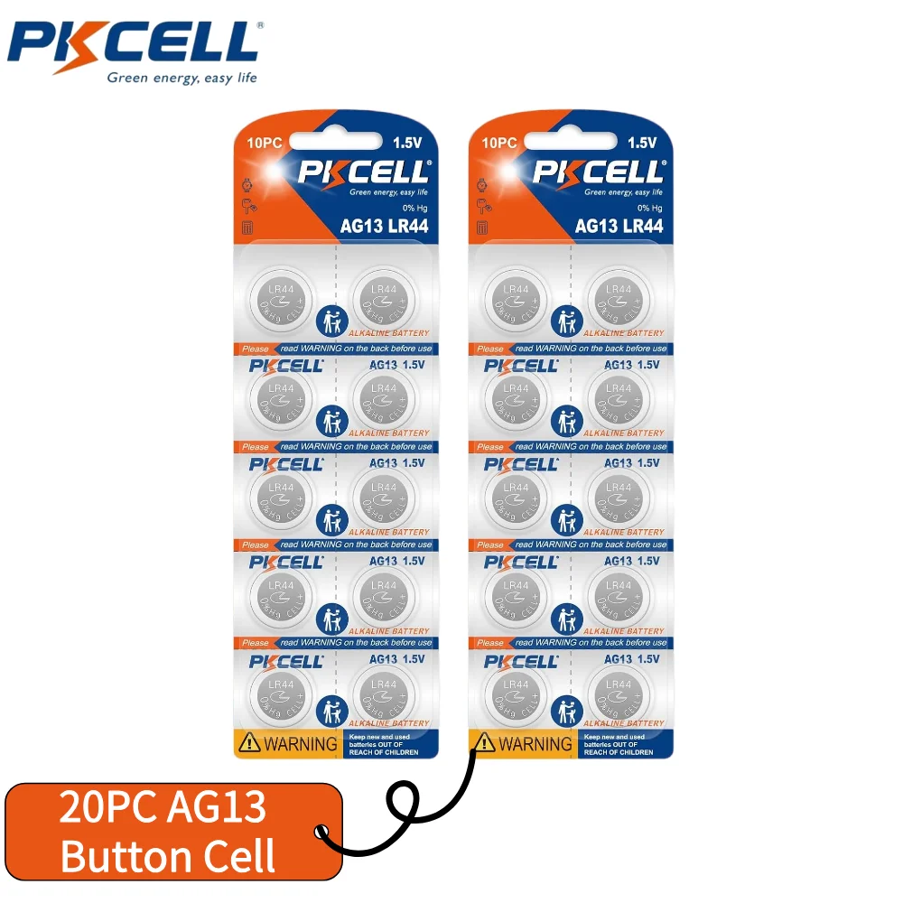PKCELL 20pcs AG13 LR44 แบตเตอรี่ AG13 LR44 อัลคาไลน์นาฬิกาแบตเตอรี่ 1.5V ปุ่มแบตเตอรี่เซลล์แบบเหรียญสําหรับไฟฉายของเล่น