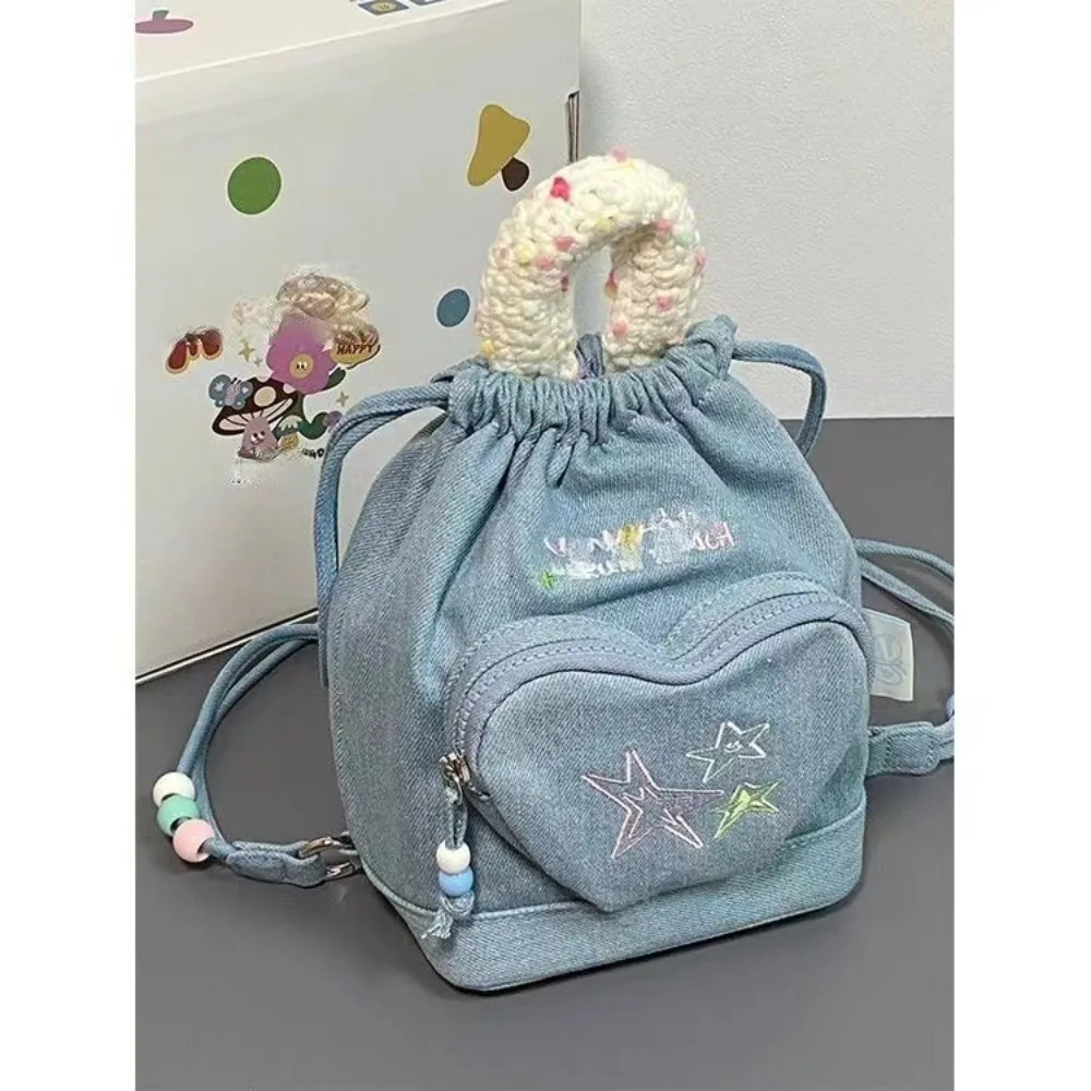 

2023 Vintage Denim Sweet Girl Back Pack Casual All Match Drawstring Bag Fashion Butterfly Star Embroidery Mini Backpack Women