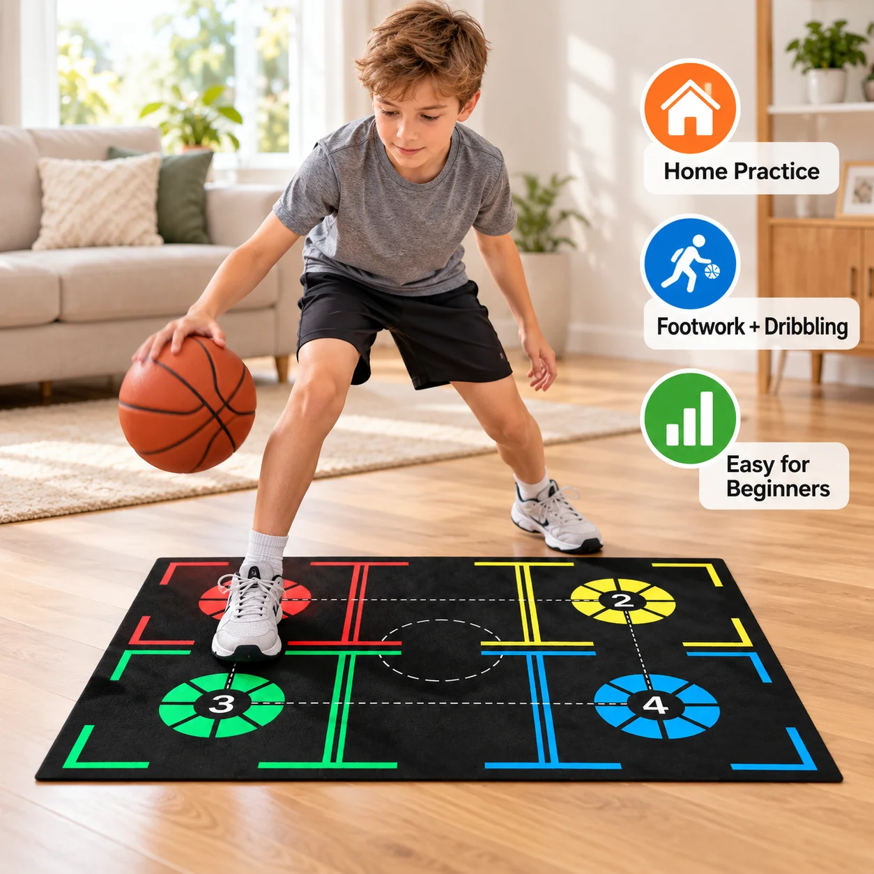 Kids Basketball Training Mat 60x40cm Color Zone Footwork Practice Pad for Indoor Home Dribbling and Coordination Exercise